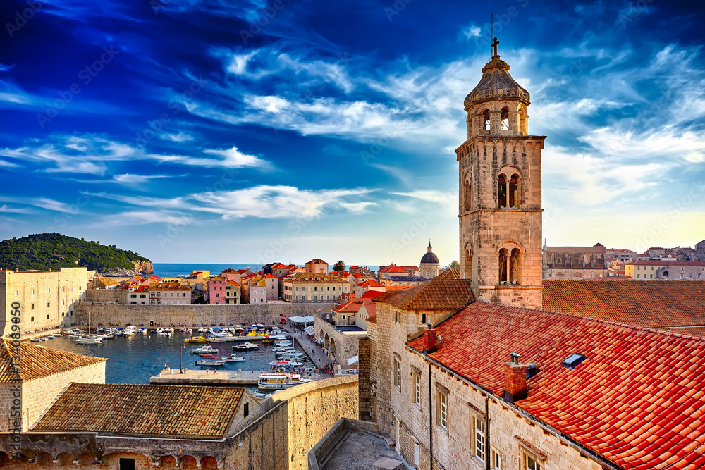 Amazing panorama Dubrovnik Old Town roofs at sunset. Europe, Cro