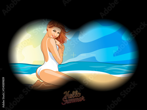 looking through binocular on woman
