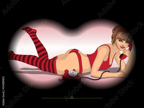 looking through binocular on laying woman