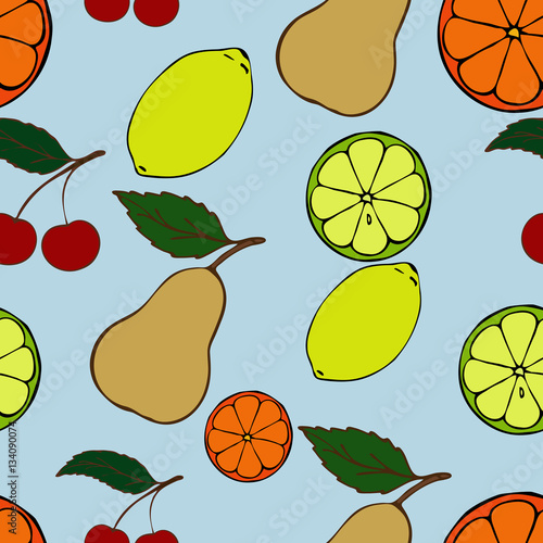 Seamless vector pattern of fruit, lemon, orange, pear, cherry