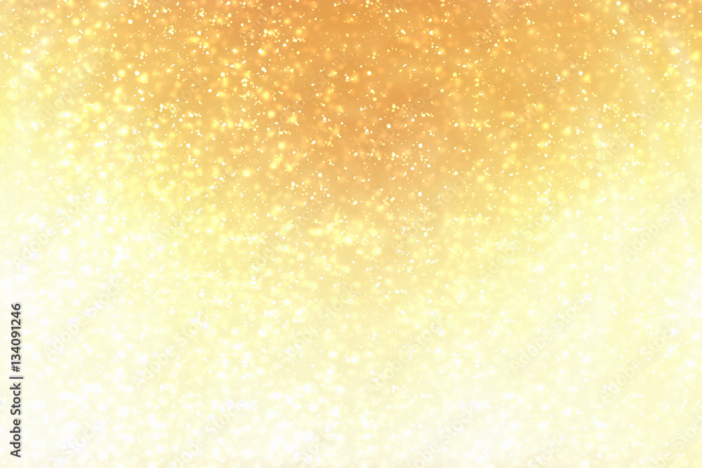 Golden round bokeh or glitter lights festive gold background. Christmas abstract template