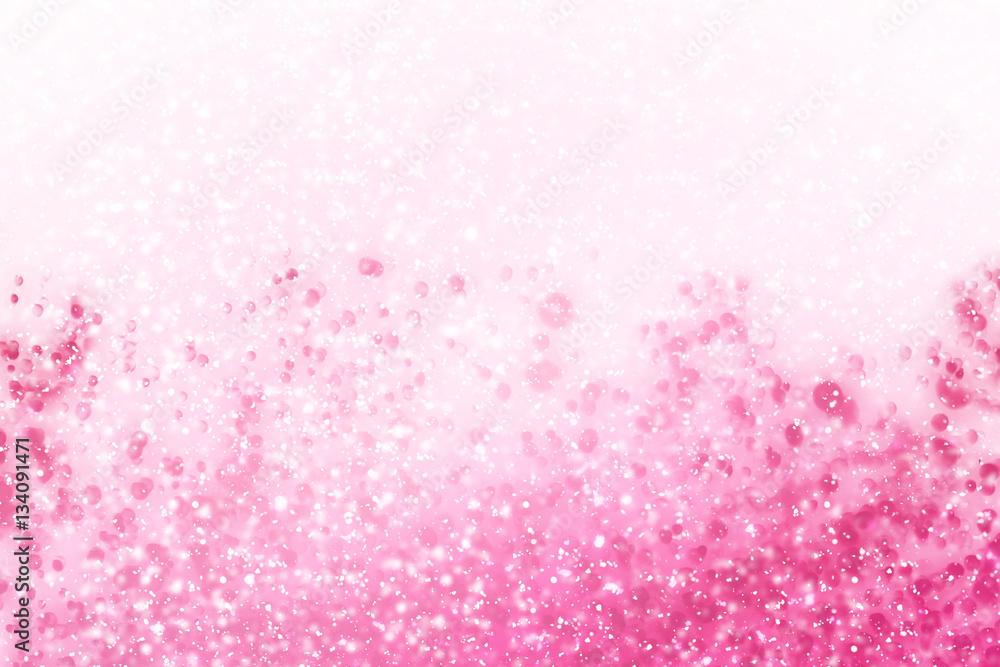 Abstract white bokeh glitter lights on serenity  background. Round pink defocused circle particles