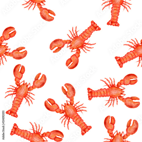 Seamless pattern with red lobster in watercolor style on white background.