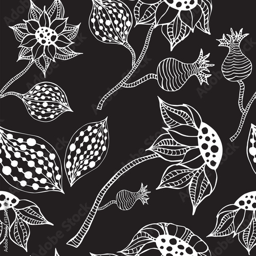  Black and white seamless botanic texture