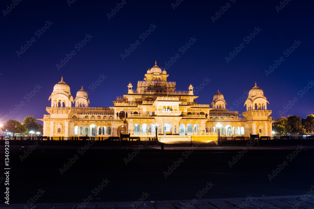 Albert hall a famous landmark of jaipur at night. This is a very popular tourist destination and a musem of traditional items