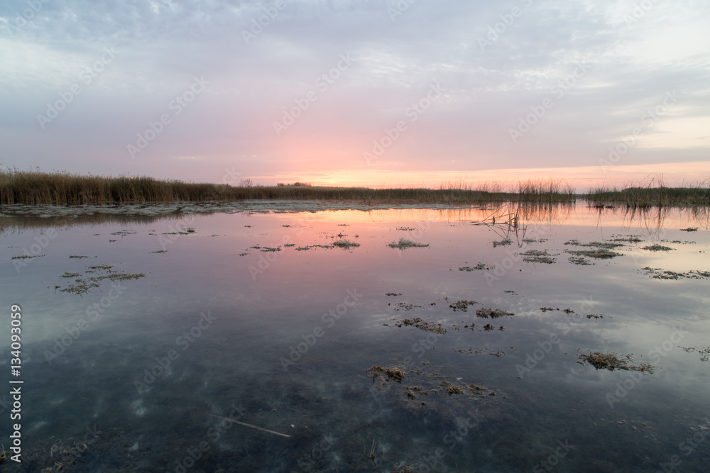 Fototapeta premium beautiful sunrise of the sun on the lake