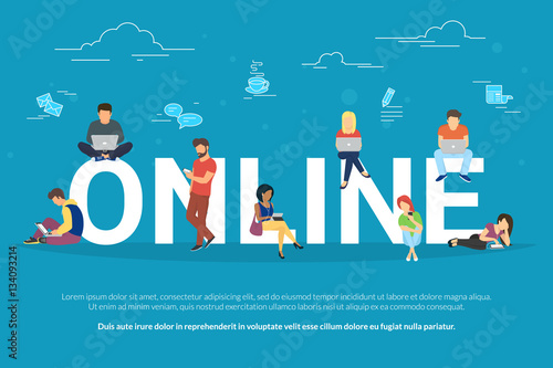 Online addiction concept illustration of young people using mobile gadgets such as smarthone and laptop for social networking. Flat design of guys and young women on letters with social media symbols