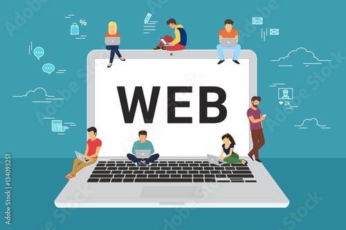 Web site surfing concept illustration of young people using mobile gadgets such as smarthone, tablet and laptop to be a part of online community. Flat design of guys and young women on big notebook