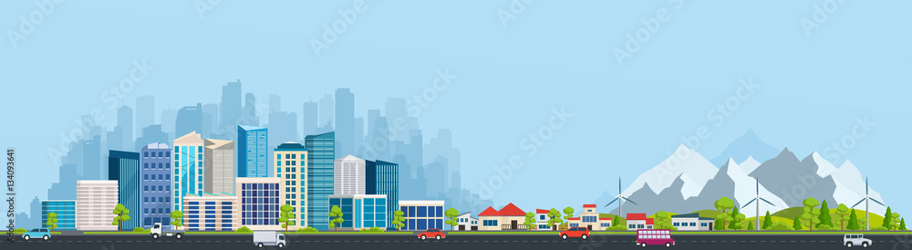 Plakat Krajobraz miejski z dużymi nowoczesnymi budynkami i przedmieściem z priv