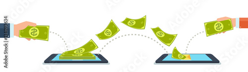 Send and receive money using mobile phones, gadgets. Concept bank payments to each other.