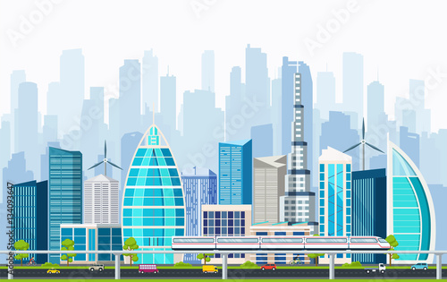 Business smart city with large modern buildings and transport interchange. Internet concept city life.