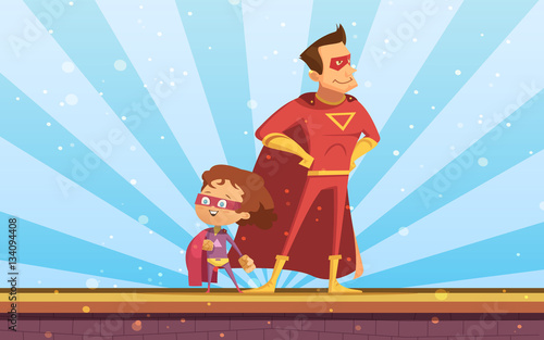 Couple Of Adult And Child Cartoon Superheroes