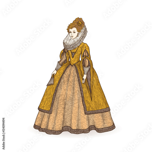 Vector vintage sketch illustration. Gentlewoman Elizabethan epoch 16th century. Medieval lady in a rich dress with large collar