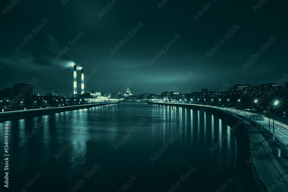 The embankment of the Moscow river night view.