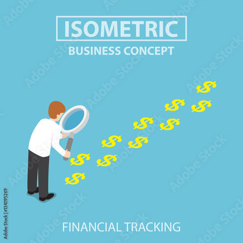 Isometric businessman with magnifying glass looking a trail of d