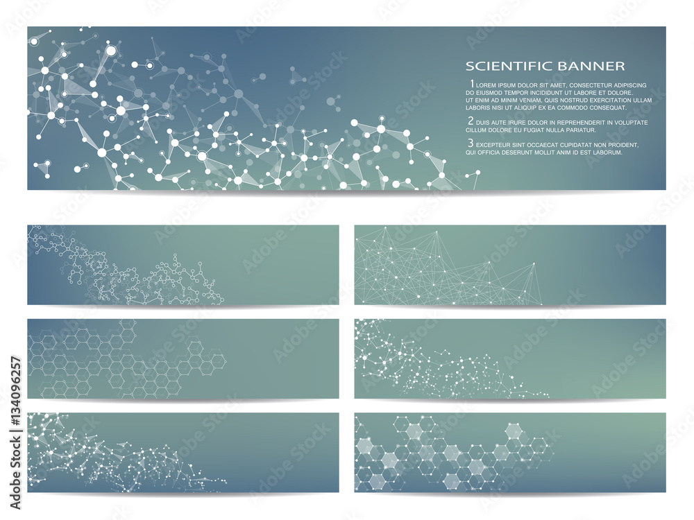 Set of modern scientific banners. Molecule structure DNA and neurons. Abstract background. Medicine, science, technology, business, website templates. Scalable vector graphics.