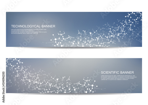 Set of modern scientific banners. Molecule structure DNA and neurons. Abstract background. Medicine, science, technology, business, website templates. Scalable vector graphics.