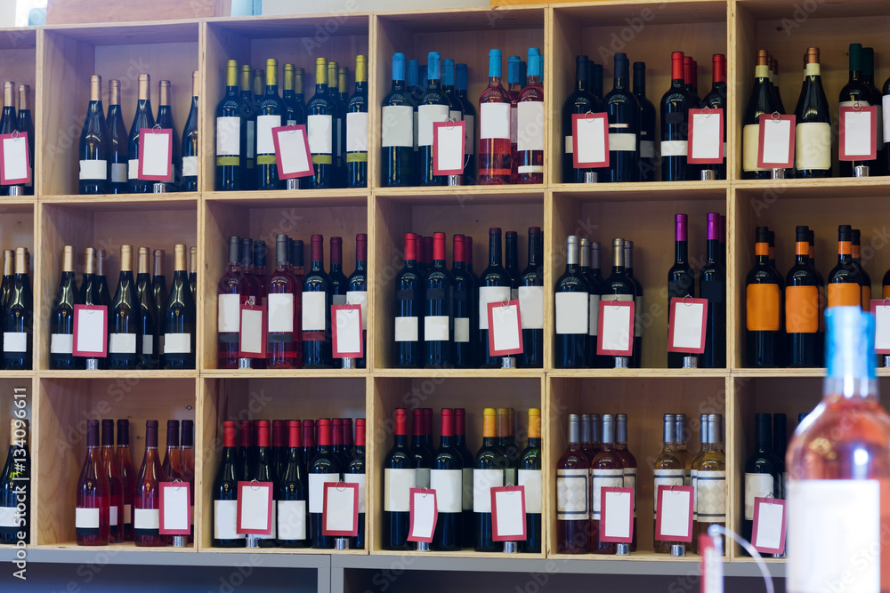 Display with wine bottles in store