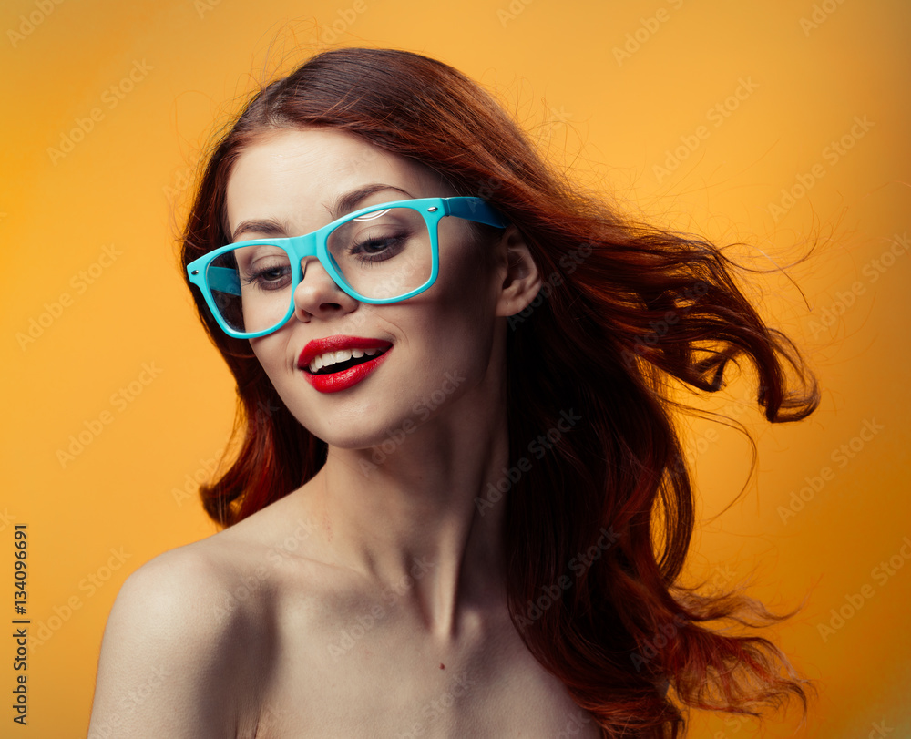 woman in glasses on a Orange background, a woman with glasses, woman woman in glasses on a Orange background, a woman with glasses, woman