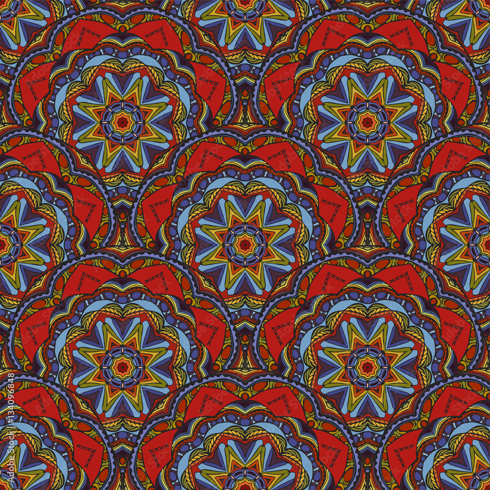 Seamless pattern with mandalas in beautiful colors for your design. Vector ornaments, background.