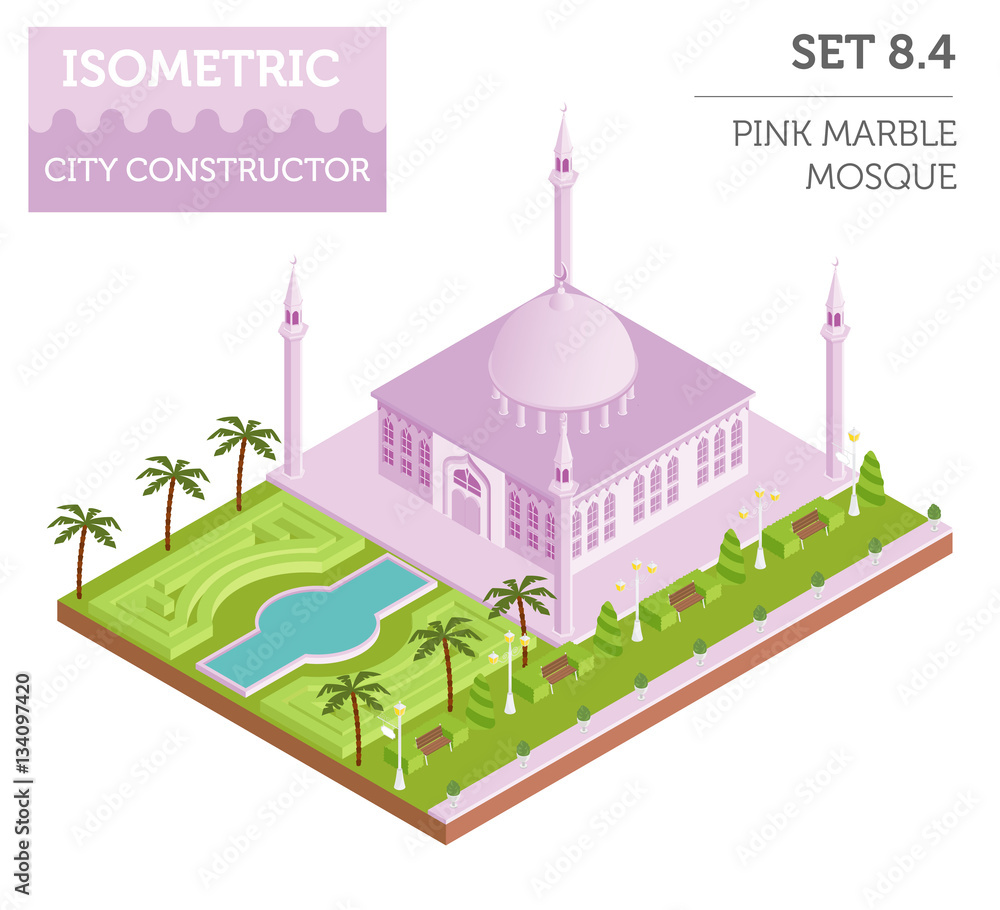 Flat 3d isometric islamic  mosque and city map constructor eleme