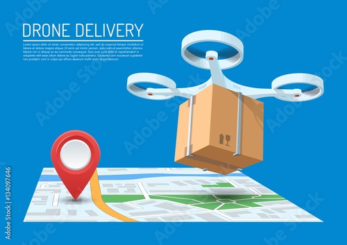Drone delivery concept vector illustration. Quadcopter flying over a map and carrying a package