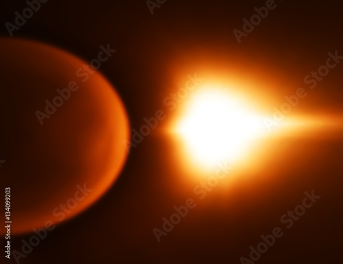 Orange space planet with light leak bokeh background