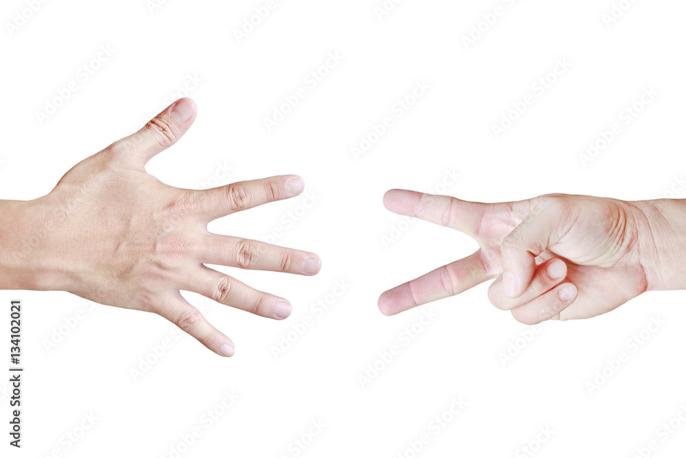 Fight concept, Paper and Scissors - hands isolated on white background.