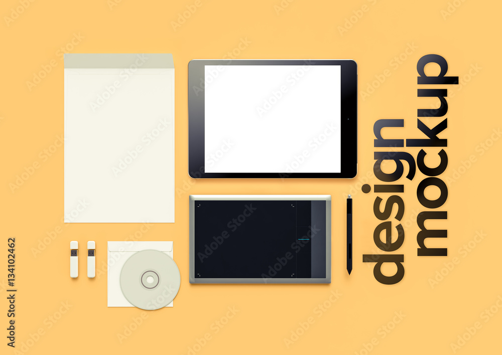 Atriibutes of web Designer on yelow background. Top View. flat Lay. 3D rendering. High resolution. Atriibutes of web Designer on yelow background. Top View. flat Lay. 3D rendering. High resolution.