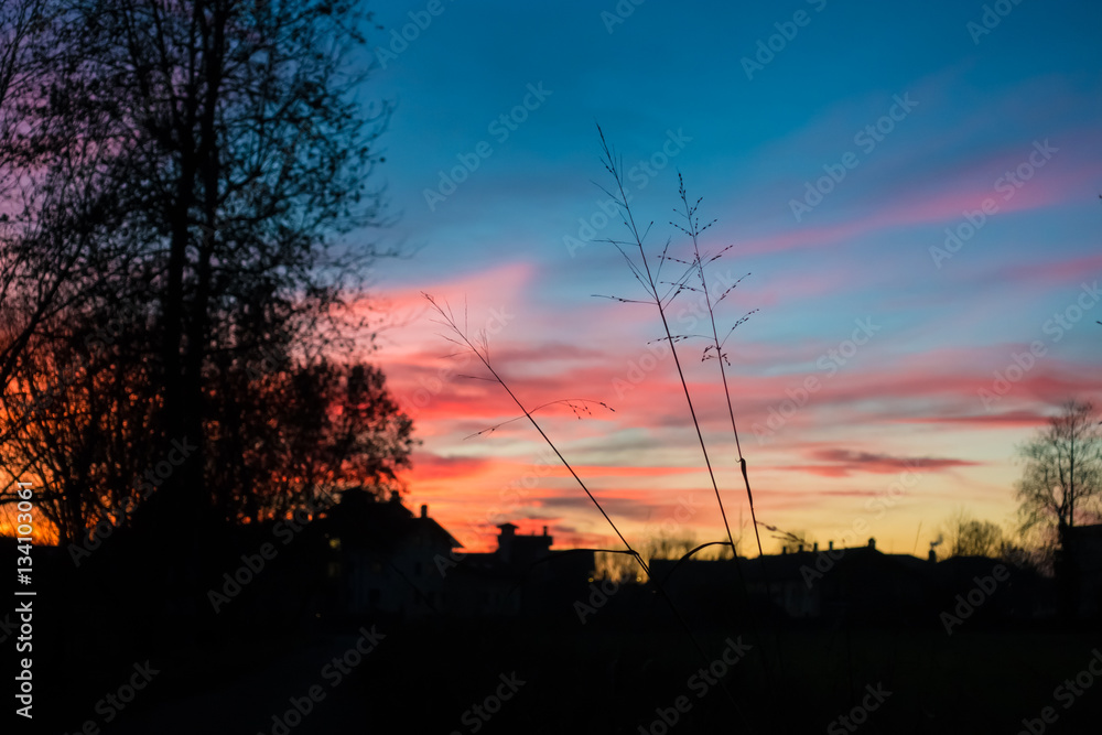 Colorful epic sunset and house and tree silhouette