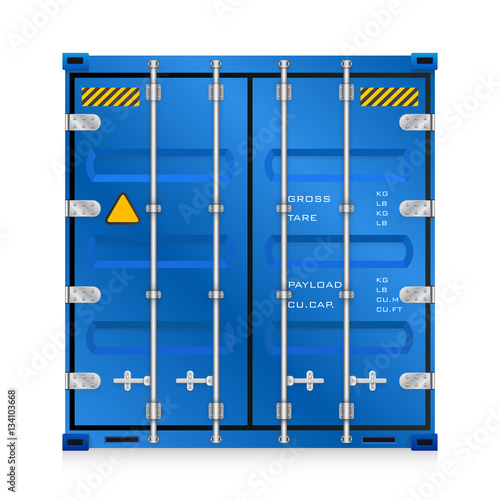 Cargo container vector isolated on white background. Metal box or equipment for storage at dock, port, warehouse. Freight transport by ship, crane, trailer truck for shipping, import export business.