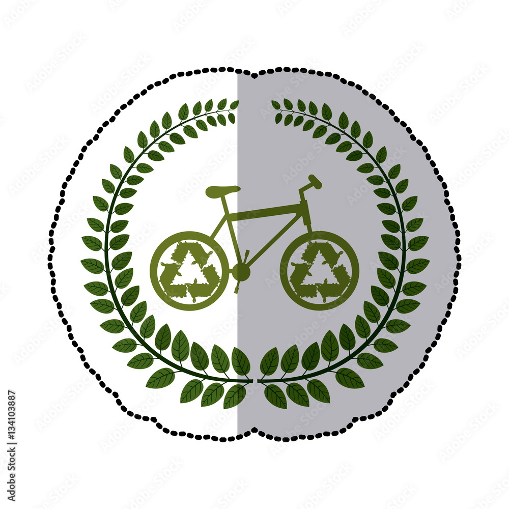 sticker crown of leaves with bicycle and recycling symbol vector illustration sticker crown of leaves with bicycle and recycling symbol vector illustration