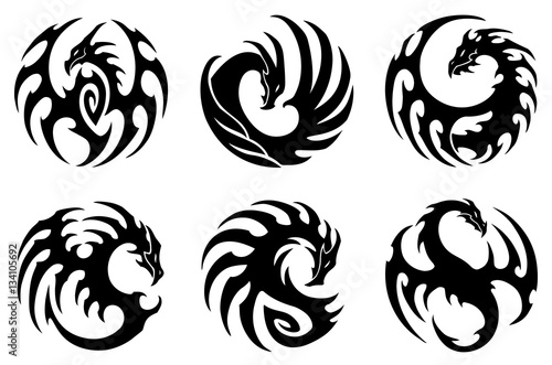 vector illustration, set of round tribal dragon designs, black and white graphics