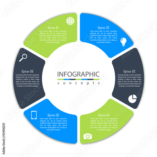 Vector round infographic diagram with 6 options. Circular timeline infographic, chart, diagram can be used for web design, presentation, advertising, report