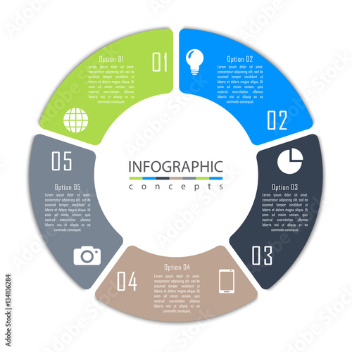 Vector round infographic diagram with 5 options. Circular timeline infographic, chart, diagram can be used for web design, presentation, advertising, report