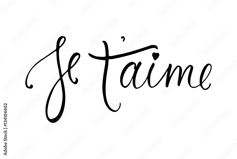 Je t'aime card. I love you in French. Modern brush calligraphy. Happy Valentine's Day phrase. Isolated on white background. Je t'aime card. I love you in French. Modern brush calligraphy. Happy Valentine's Day phrase. Isolated on white background.