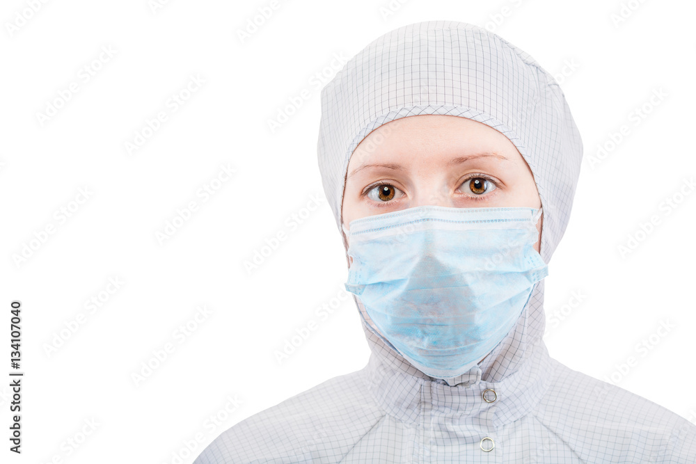 biochemist portrait of a woman in a protective suit on a white b biochemist portrait of a woman in a protective suit on a white b
