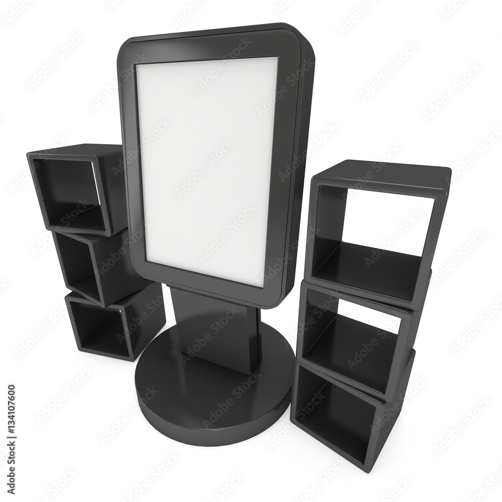 LCD Display Stand and product display boxes. Black Trade Show Booth. 3d