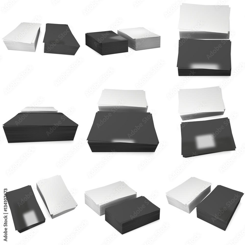 Stack of black business cards set. 3d render isolated on white background. Name cards as a presentation for promotion of corporate identity Stack of black business cards set. 3d render isolated on white background. Name cards as a presentation for promotion of corporate identity