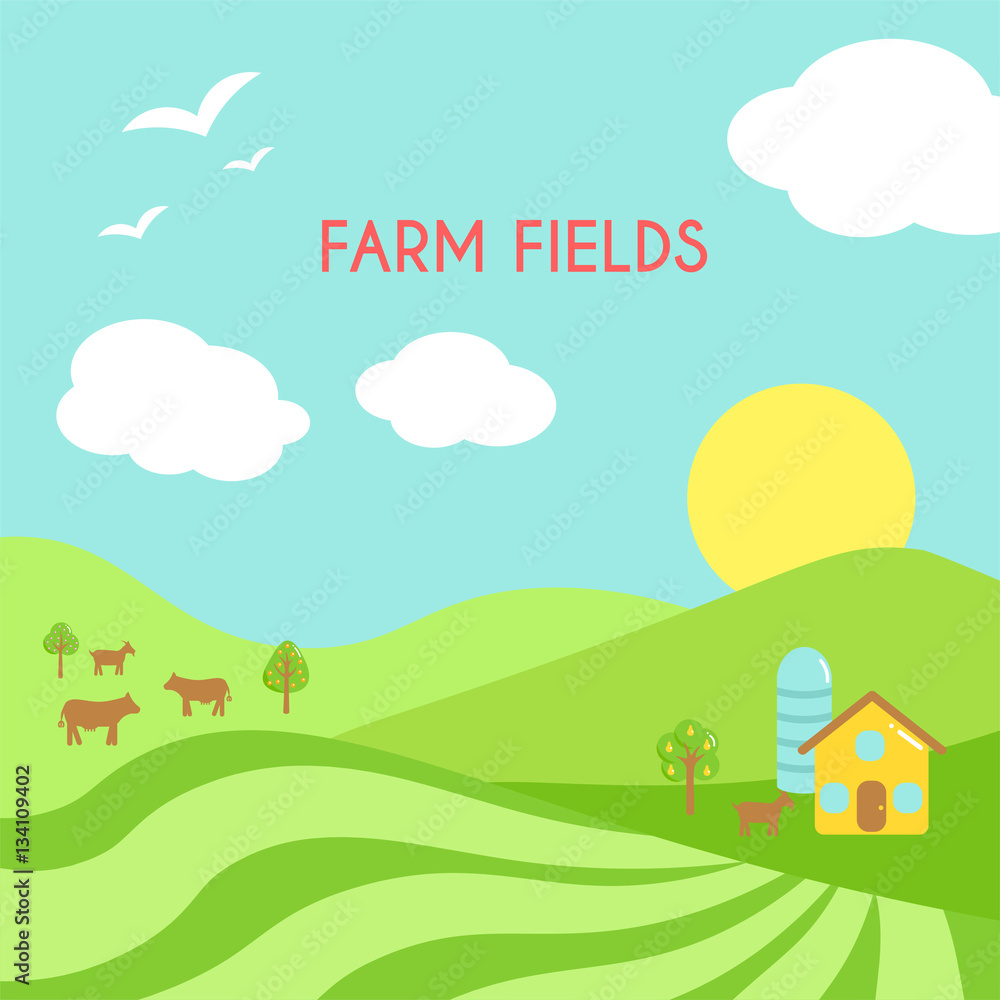 Naklejka premium Farm fields landscape. Cartoon green field of sowing.