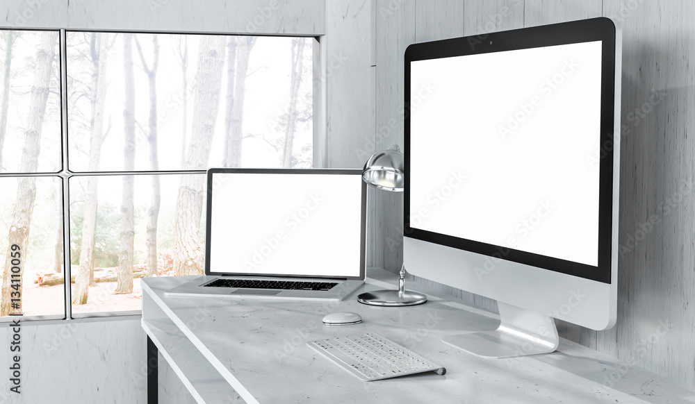 Fototapeta premium Modern desktop interior with computer and devices 3D rendering