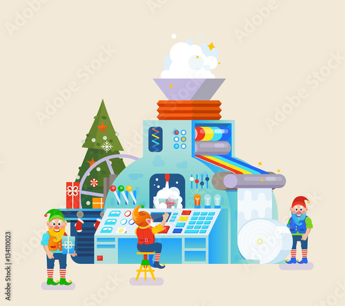 Christmas elves factory with gift on conveyor. Elf concept, celebration and holiday, festive theme.