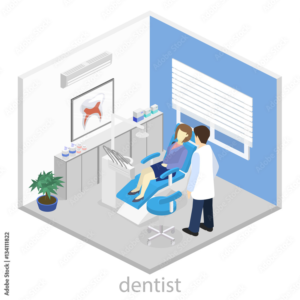 Isometric flat interior of dentist's office. Isometric flat interior of dentist's office.