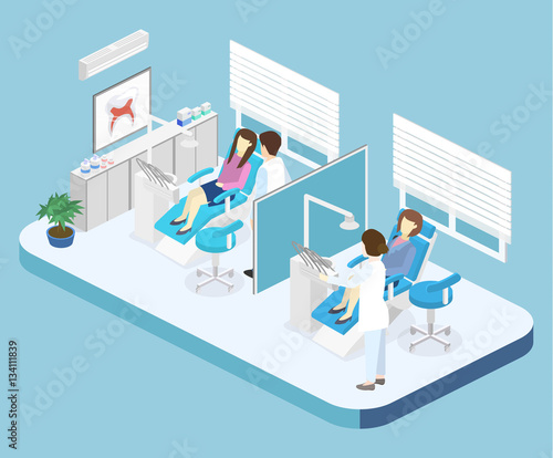 Isometric flat interior of dentist's office.