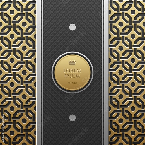 Vertical banner template on golden metallic background with seamless geometric pattern. Elegant luxury style.