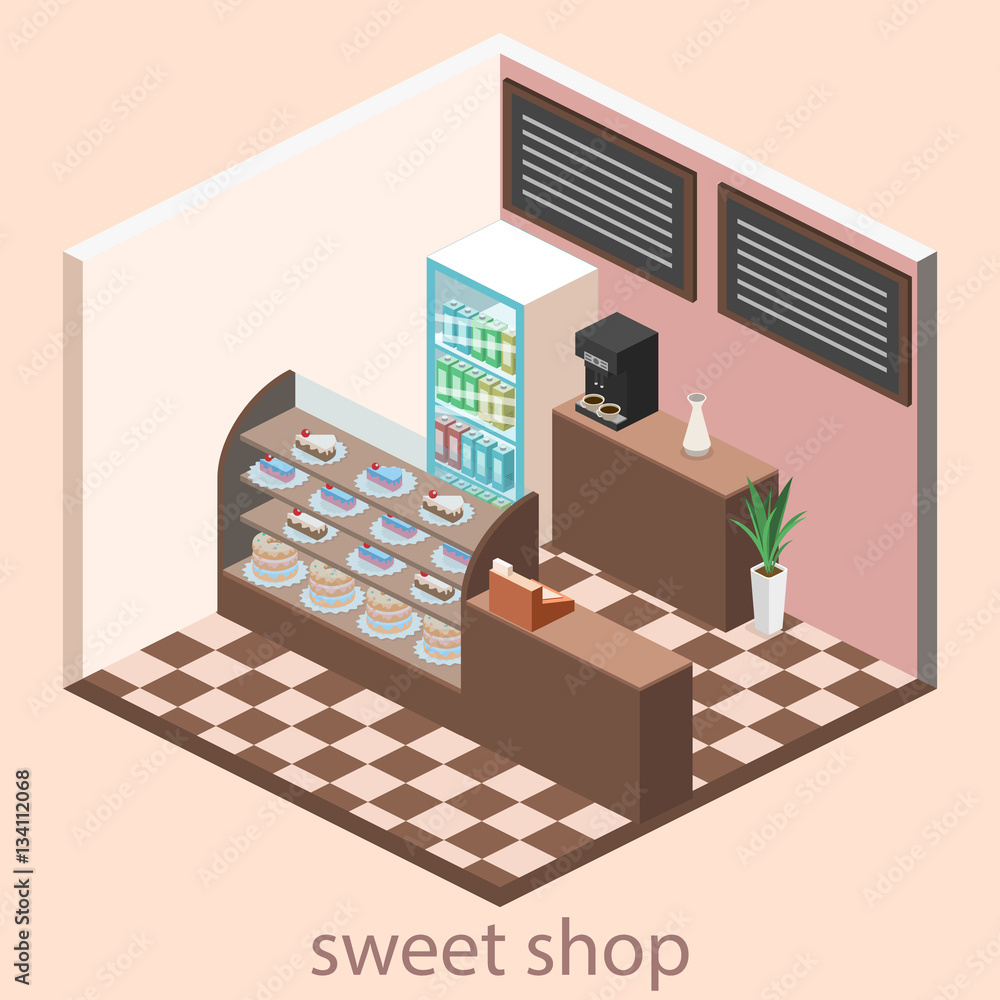 Isometric interior of sweet-shop.