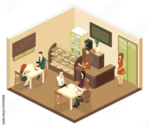 Isometric interior of sweet-shop. People sit at the table and eating.
