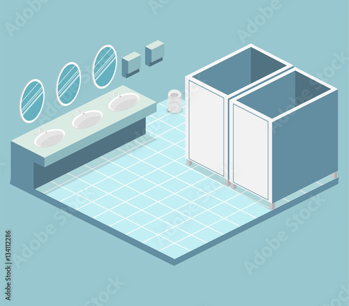 Isometric flat 3D isolated vector cutaway interior of public toilet