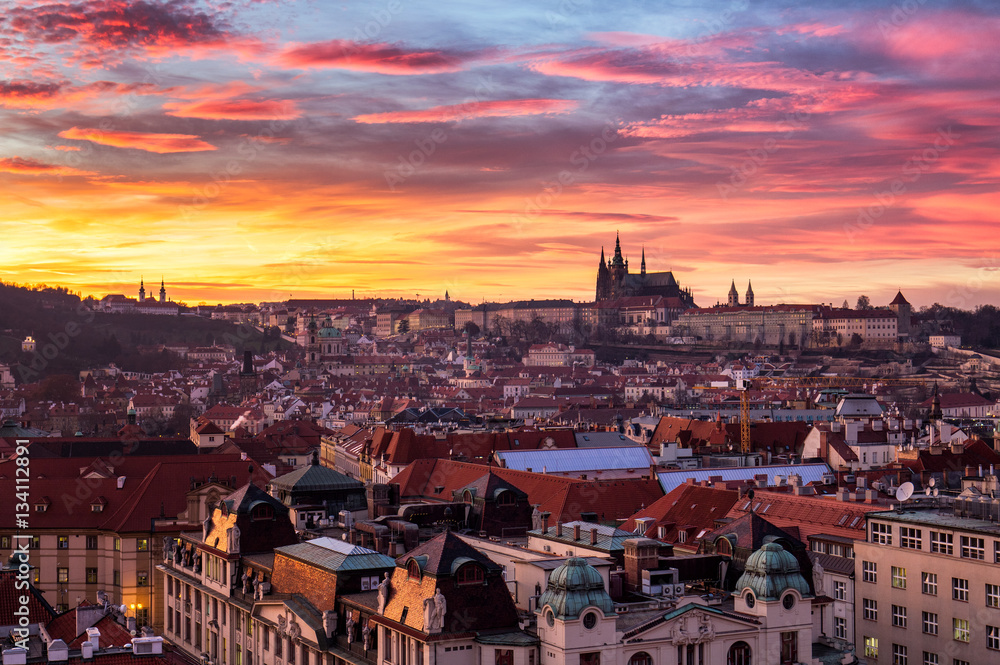 Amazing sunset and sky and fantastic view of the Old town square and Prague castle at dawn. Dramatic scene. Famous place (unesco heritage) square on Prague, Czech Republic, Europe. Beauty world. 