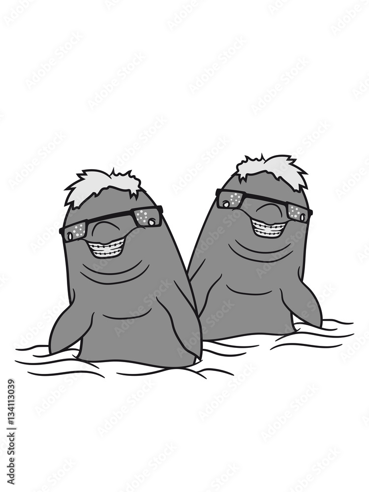 2 friends team crew party nerd geek sly horns pickel freak toothpicks grin comic  cartoon funny water dolphin swim cute cute Stock Illustration | Adobe Stock